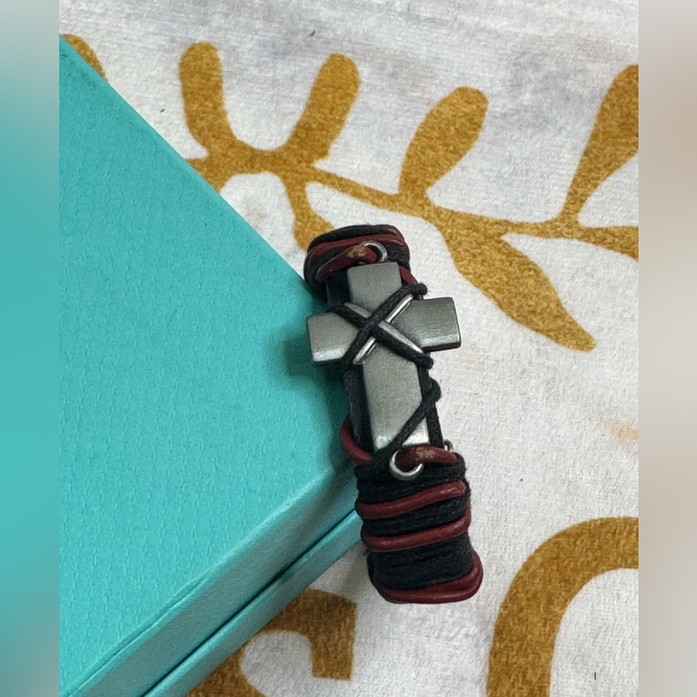 Black and Red Leather Silver Cross Bracelet